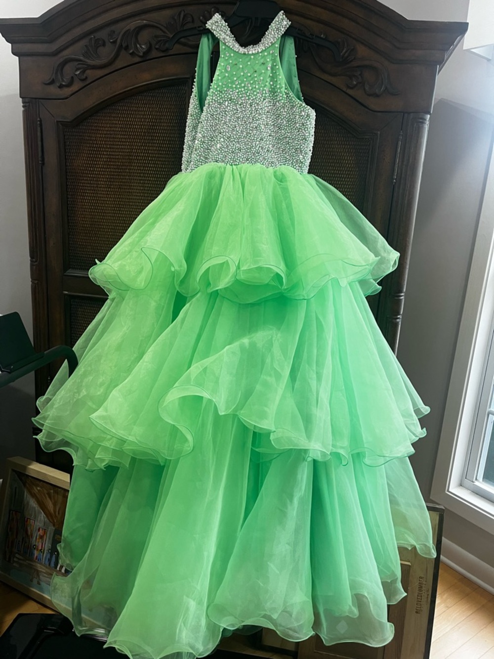 Girls' Tiered Tulle Pageant Dress in Mint Green with Rhinestone and Pearl Bodice